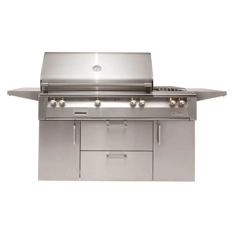 Alfresco Luxury Deluxe 56" Stainless Steel Standard Gas Grill Featuring Three Main Burners And 20K Btu Sideburner – Deluxe Cart 1