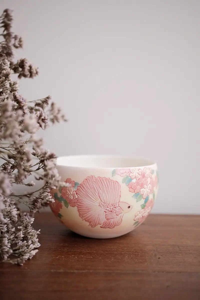 Baizhi Studio Crabapple & Betta Fish Tea Cup – Artistic Egg-Shape Ceramic 1
