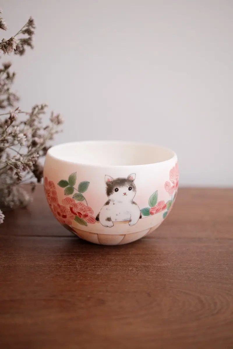 Baizhi Studio Wild Rose & Cat Motif Egg-Shaped Tea Cup – Whimsical Ceramic Cup 1