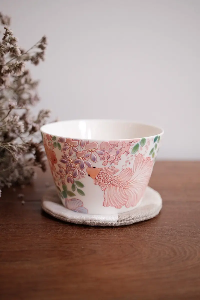 Baizhi Studio Wisteria & Betta Fish Tea Cup – Botanical Aquatic Ceramic Design 1