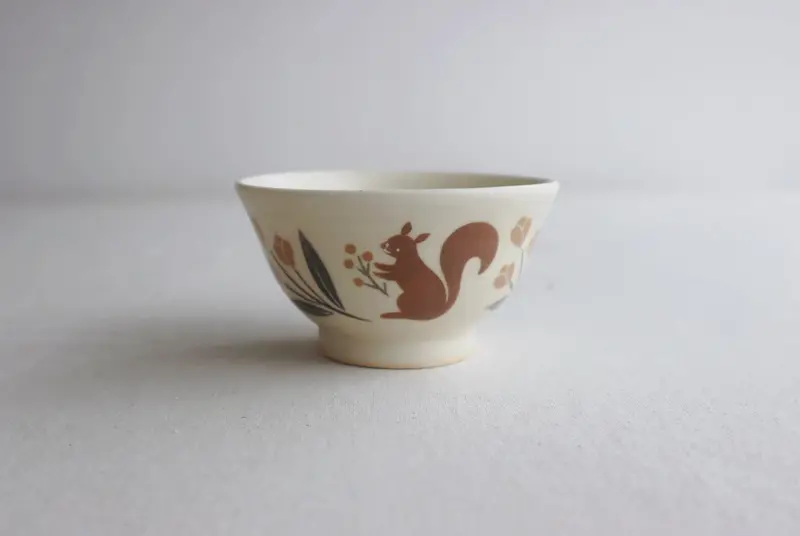 Buncho Pottery Red Squirrel And Tulip Rice Bowl 1