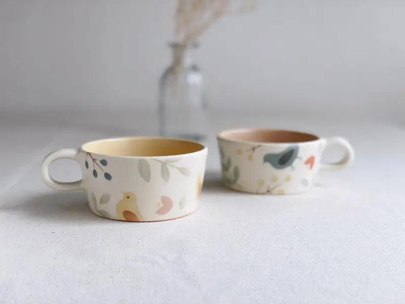 Buncho Pottery Yellow Bird And Floral Soup Cup 1