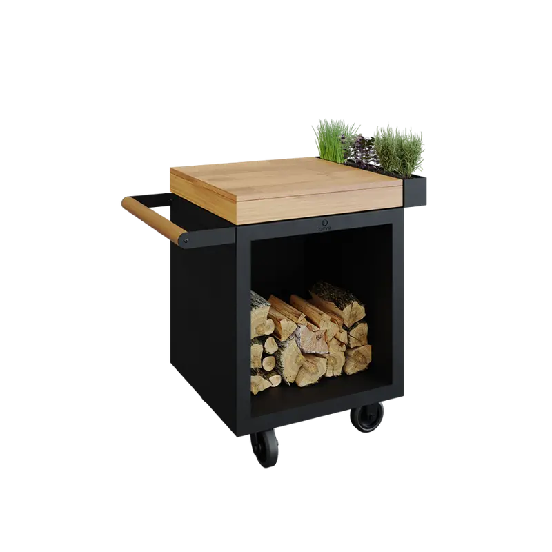 Compact Mise En Place Table – 65 Cm Black Base With Teak Wood Top 1