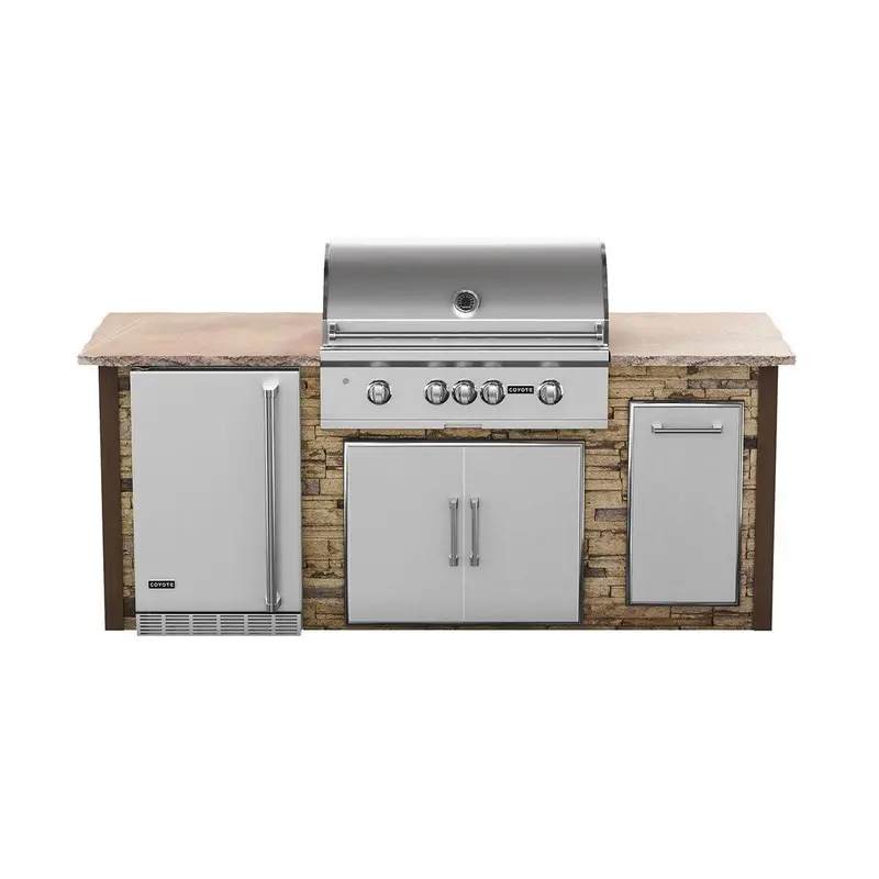 Coyote 8-Foot Rta Premium Grill Island With Refrigeration In Brown Stacked Stone 1