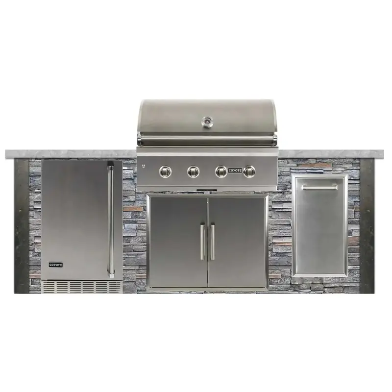 Coyote 8-Foot Rta Premium Grill Island With Refrigeration In Gray Stacked Stone 1
