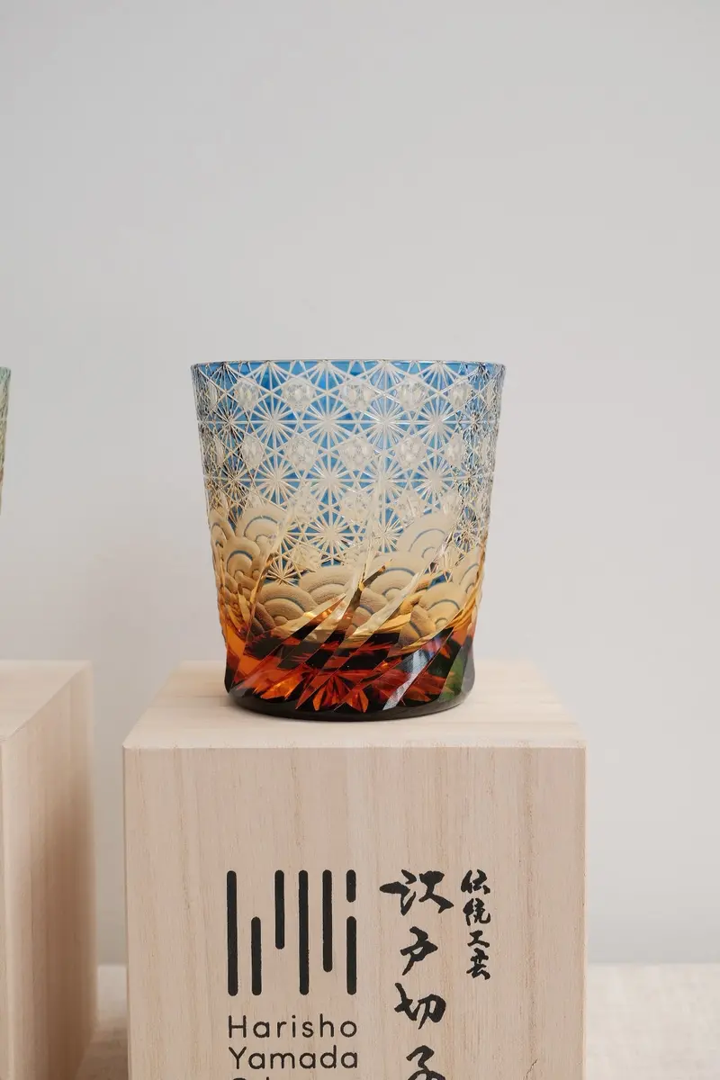 Harisho Yamada Wave-Textured Whiskey Glass – Cobalt Blue Crystal Tumbler 1
