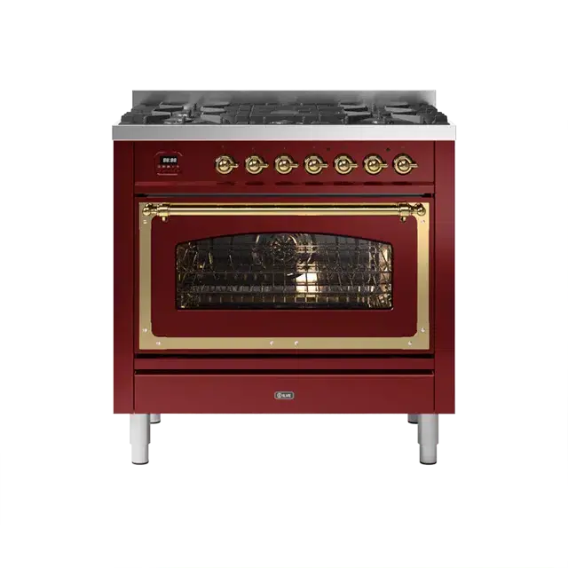 Ilve Nostalgie Ii Burgundy Red Freestanding Single Oven Range – Liquid Propane, Brass Trim, 5 Sealed Brass Burners 1