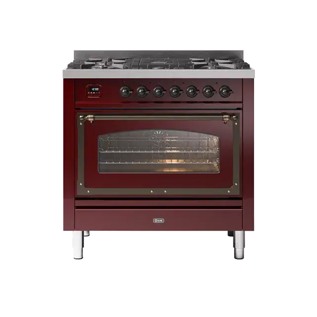 Ilve Nostalgie Ii Burgundy Red Freestanding Single Oven Range – Liquid Propane, Bronze Trim, 5 Sealed Brass Burners 1