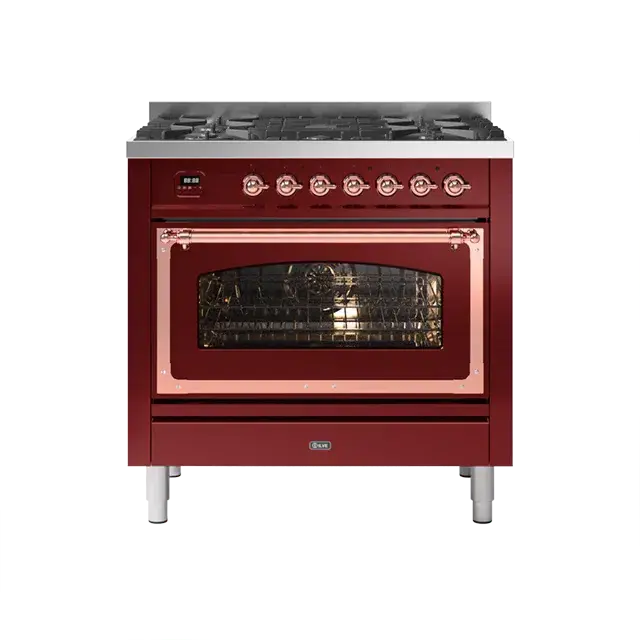 Ilve Nostalgie Ii Burgundy Red Freestanding Single Oven Range – Liquid Propane, Copper Trim, 5 Sealed Brass Burners 1