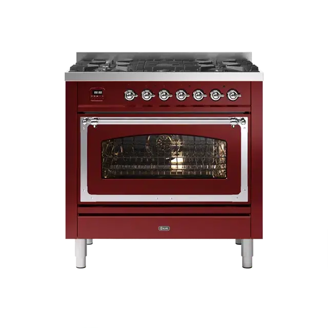 Ilve Nostalgie Ii Burgundy Red Freestanding Single Oven Range – Natural Gas, Chrome Trim, 5 Sealed Brass Burners 1