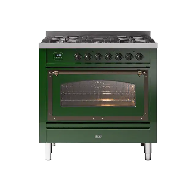 Ilve Nostalgie Ii Emerald Green Freestanding Induction Range Featuring Bronze Finish & 4 Burners 1