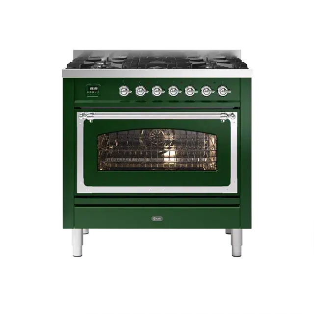 Ilve Nostalgie Ii Emerald Green Freestanding Single Oven Range – Natural Gas, Chrome Trim, 5 Sealed Brass Burners 1