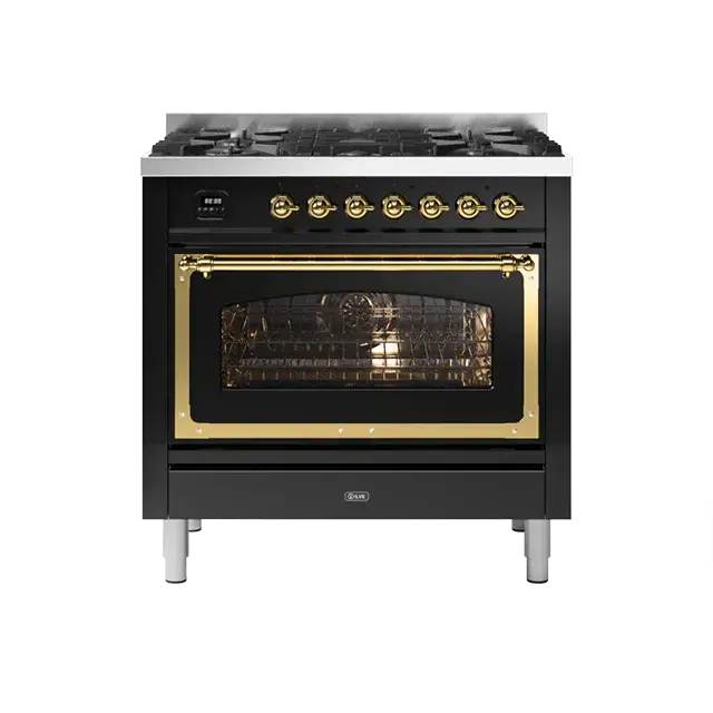 Ilve Nostalgie Ii Glossy Black Freestanding Range – Liquid Propane, Brass Trim, 5 Sealed Brass Burners 1
