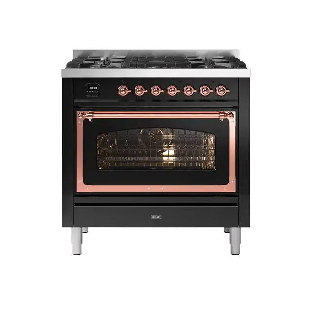 Ilve Nostalgie Ii Glossy Black Induction Range With Copper Finish & Quad-Zone Cooktop 1
