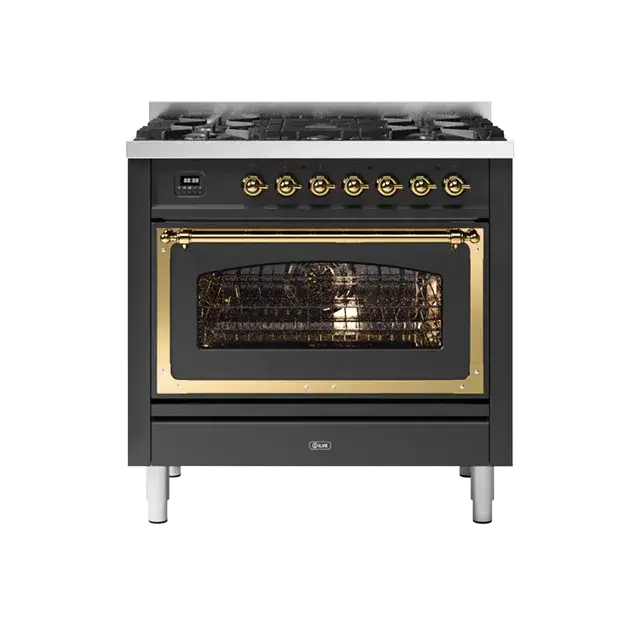 Ilve Nostalgie Ii Matte Graphite Freestanding Induction Range With Brass Trim & 4 Burners 1