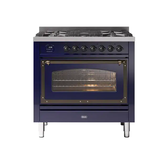 Ilve Nostalgie Ii Midnight Blue Freestanding Single Oven Range – Natural Gas, Bronze Trim, 5 Sealed Brass Burners 1