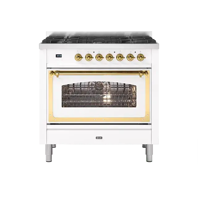 Ilve Nostalgie Ii Pure White Freestanding Induction Range (Single Oven, Brass Trim, 4 Zones) 1