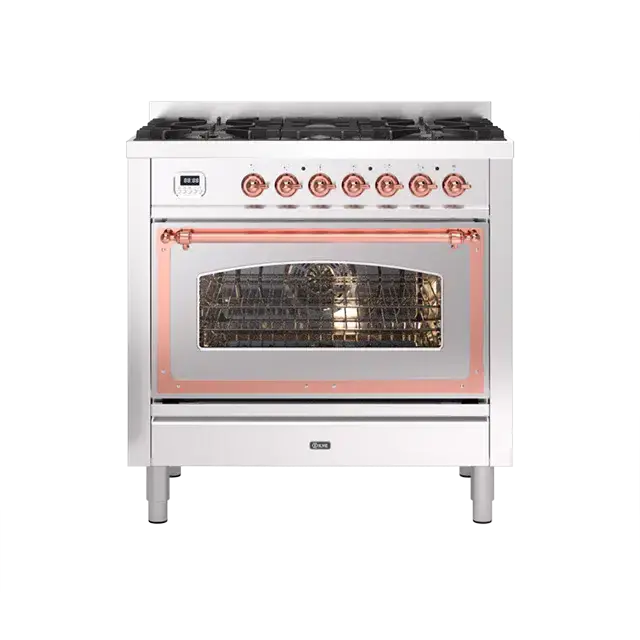 Ilve Nostalgie Ii Stainless Steel Freestanding Range – Natural Gas, Copper Trim, 5 Sealed Brass Burners 1