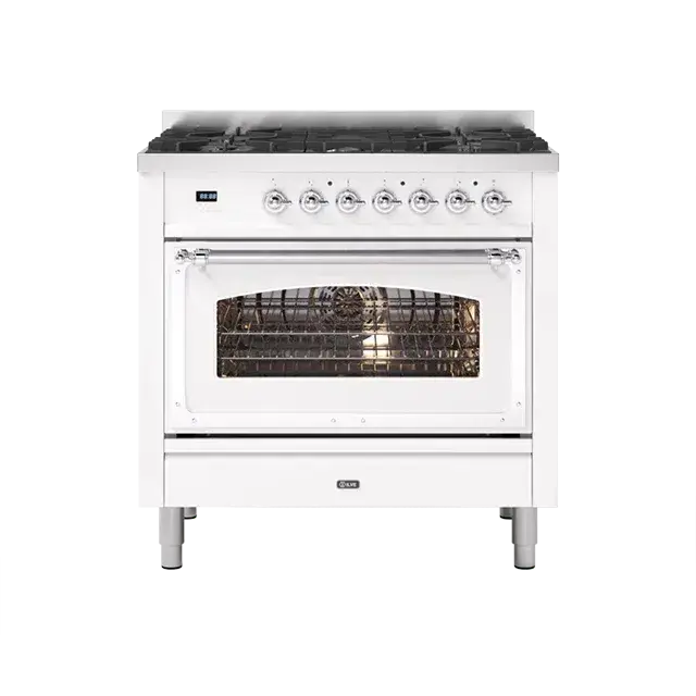 Ilve Nostalgie Ii White Freestanding Single Oven Range – Natural Gas, Chrome Trim, 5 Sealed Brass Burners 1