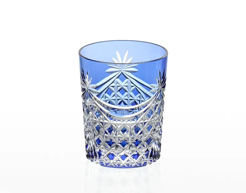 Kagami Crystal Edo Kiriko Whiskey Glass In Blue – Drape And Tetragonal Basket Weave Pattern 1