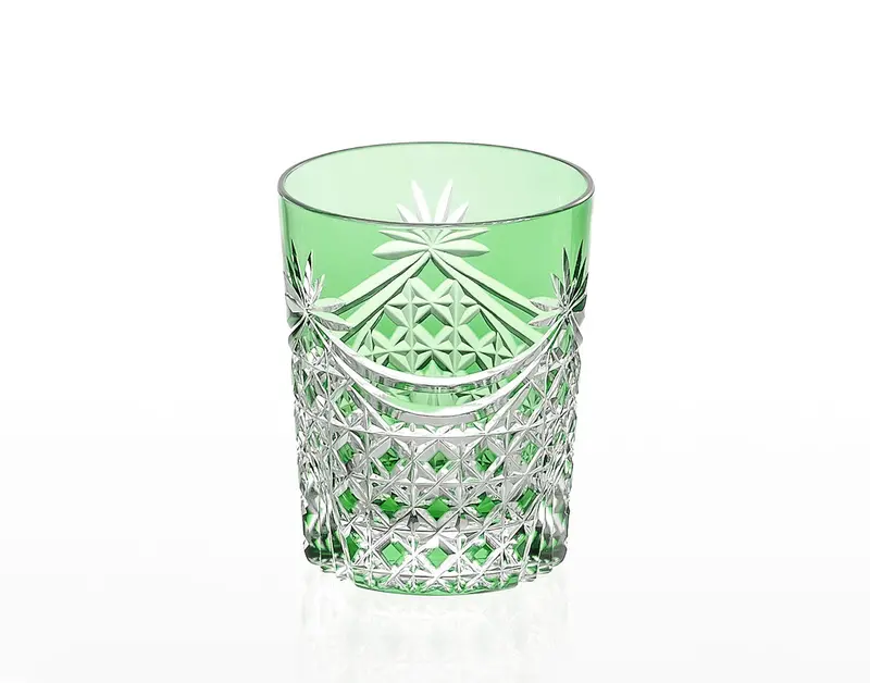 Kagami Crystal Edo Kiriko Whiskey Glass In Green – Drape And Tetragonal Basket Weave Design 1