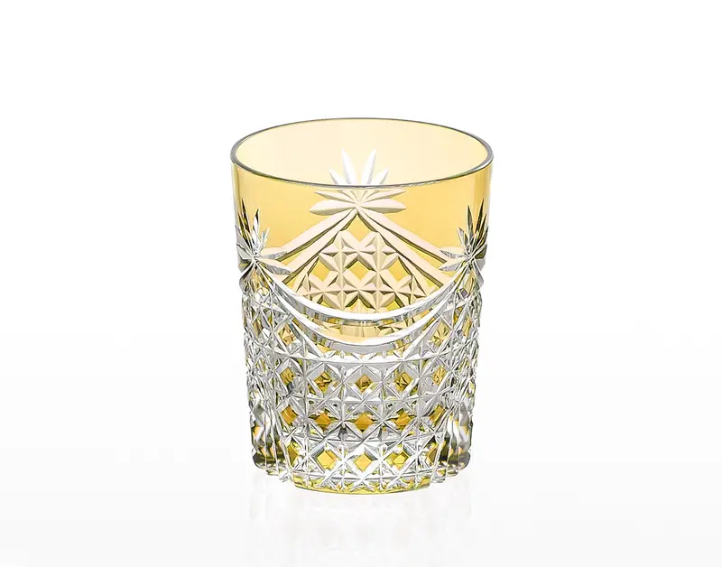 Kagami Crystal Edo Kiriko Whiskey Glass In Yellow – Drape And Tetragonal Basket Weave Etching 1