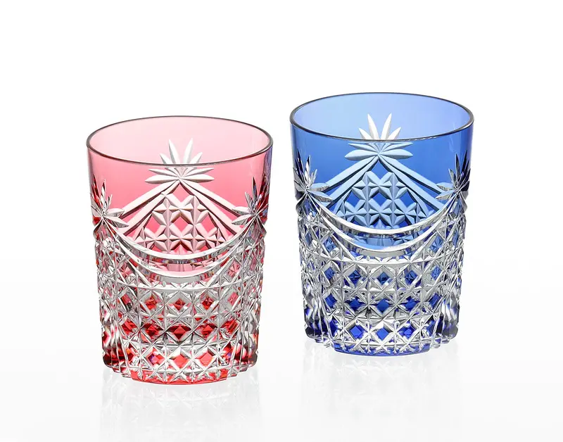 Kagami Crystal Edo Kiriko Whiskey Glass Pair – Drape & Tetragonal Basket Weave Design 1