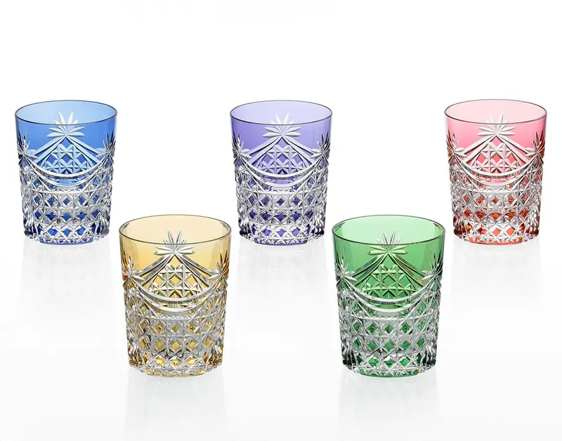 Kagami Crystal Edo Kiriko Whiskey Glass Set – 5-Piece Drape & Tetragonal Basket Weave Collection 1
