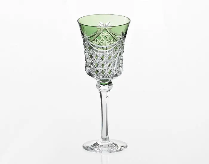 Kagami Crystal Edo Kiriko Wine Glass — 'Drape & Tetragonal Basket Weave' In Forest Green 1