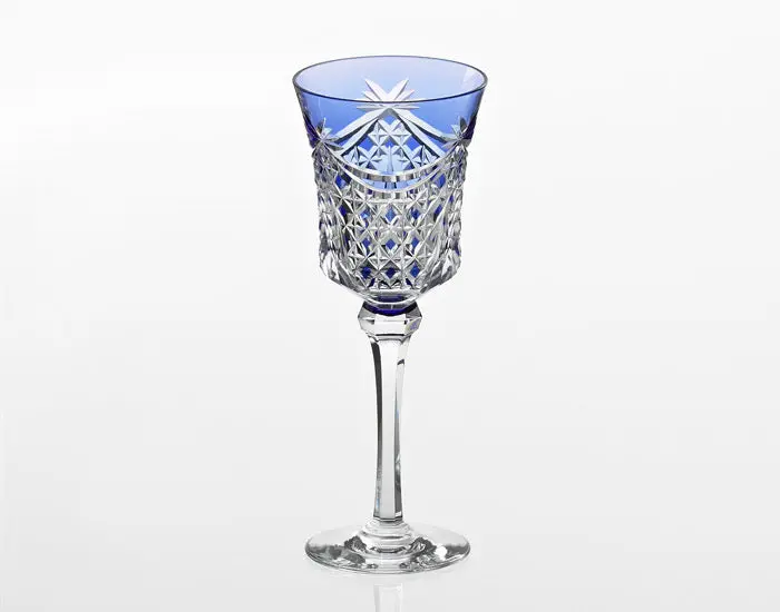Kagami Crystal Edo Kiriko Wine Glass — 'Drape & Tetragonal Basket Weave' In Sapphire Blue 1