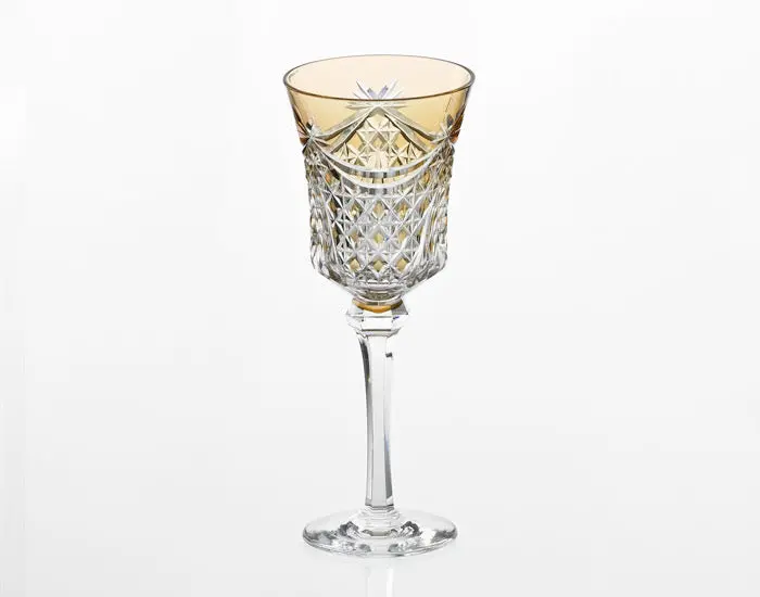 Kagami Crystal Edo Kiriko Wine Glass — 'Drape & Tetragonal Basket Weave' In Sunlit Yellow 1