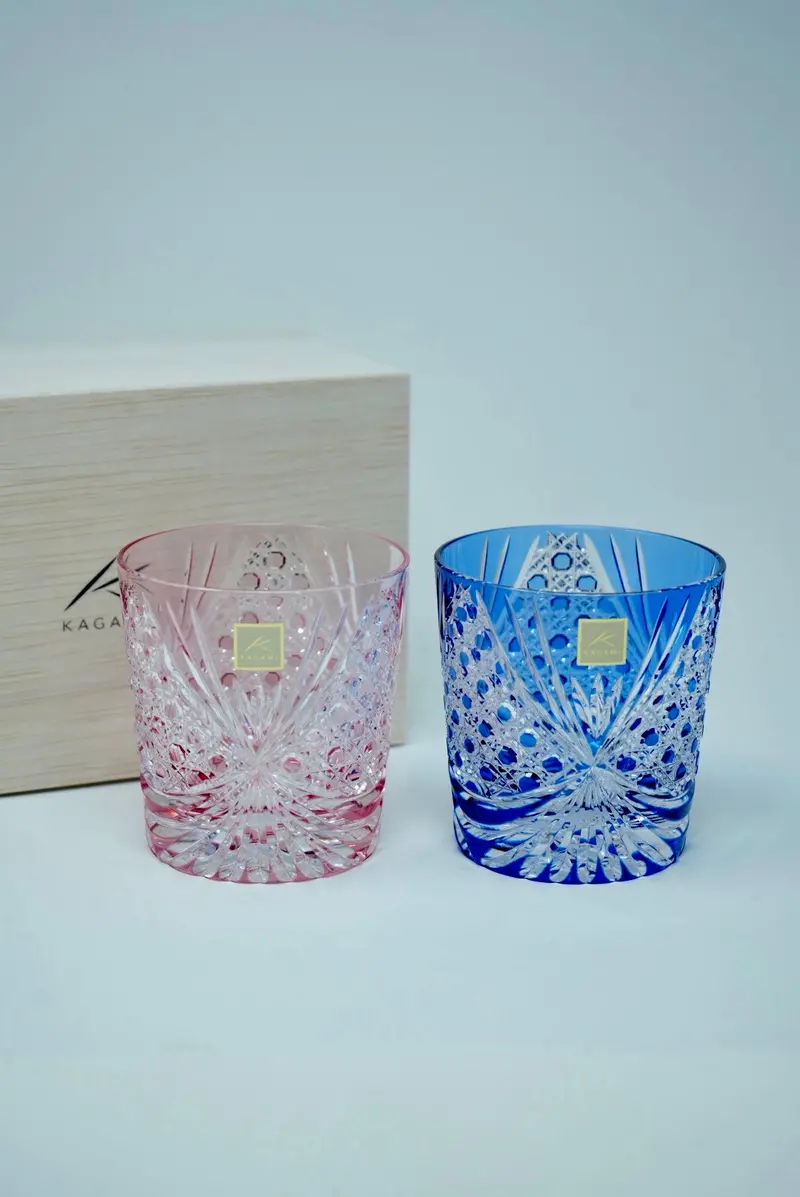 Kagami Crystal Pair Of Whisky Glasses – Edo Kiriko Tasuki (Sash) Pattern 1