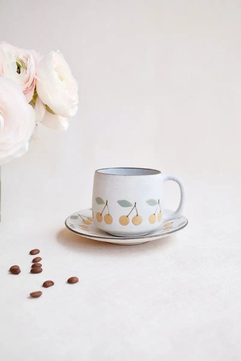 Kei Mitsumochi Yellow Cherry Mug With Matching Saucer (Km12) 1
