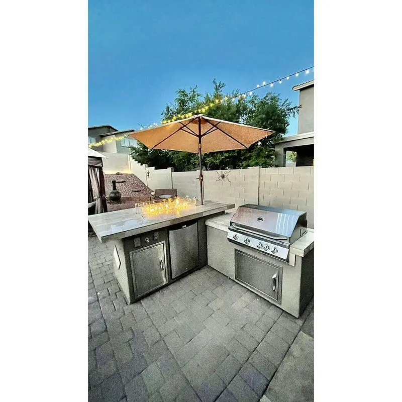 Kokomo Baja L-Shaped Outdoor Kitchen Island: Propane Grill, Fire Pit & Refrigerator 1