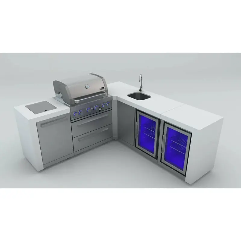Mont Alpi 400 Deluxe 90° Gas Island Grill With Beverage Center, Fridge Cabinet, Infrared Side Burner, And Rotisserie 1