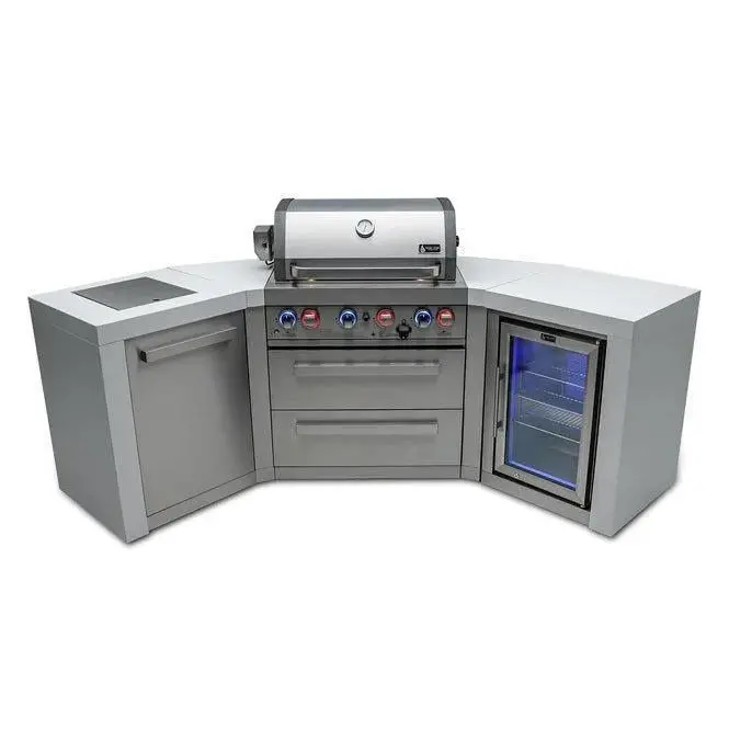 Mont Alpi Deluxe 400 106" Gas Island Grill — 4-Burner Stainless Steel Unit With Infrared Side/Rear Burner, Rotisserie, 45° Corners, And Integrated Fridge Cabinet 1