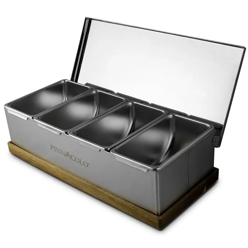 Pinnacolo Acacia Wood Condiment Caddy With Stainless Steel Holders 1