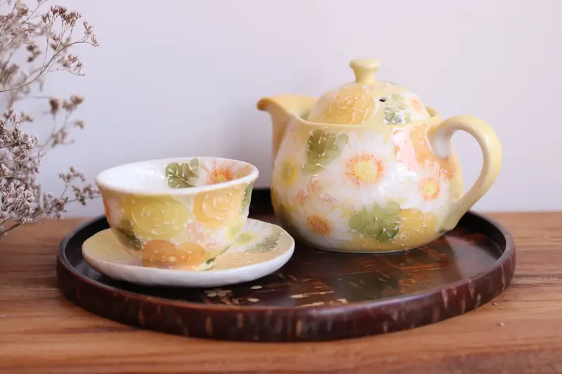 Seto Ware Yellow Floral Teapot And Matching Tea Cup With Saucer 1