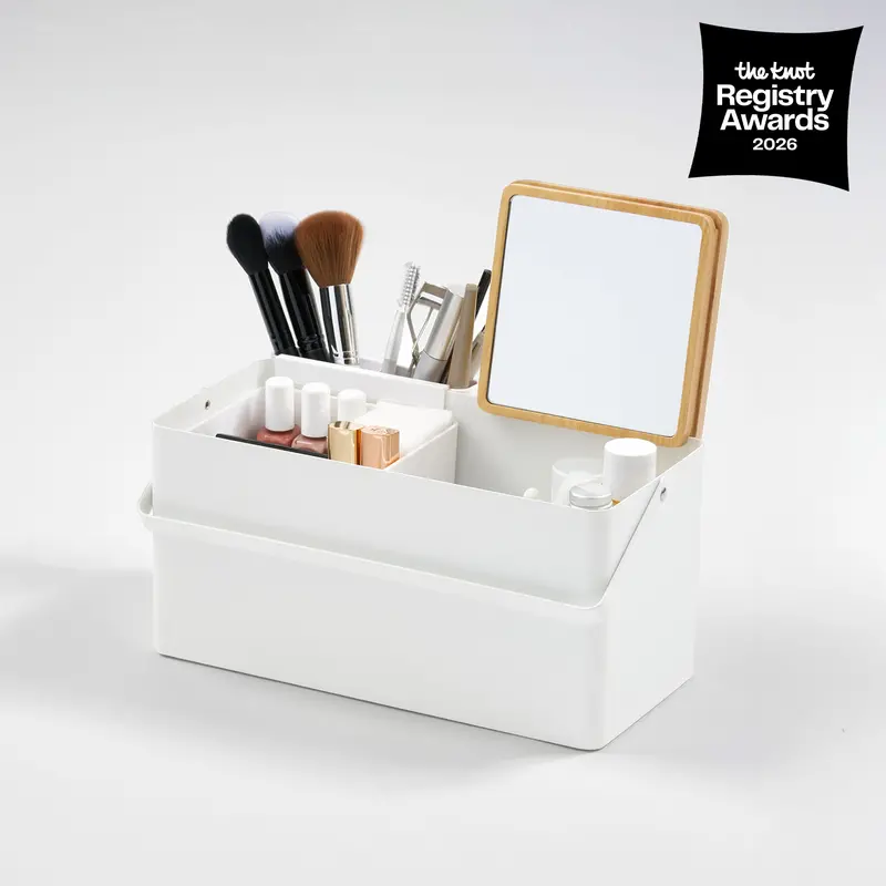 Steel-And-Wood Makeup Organizer With Integrated Mirror 1
