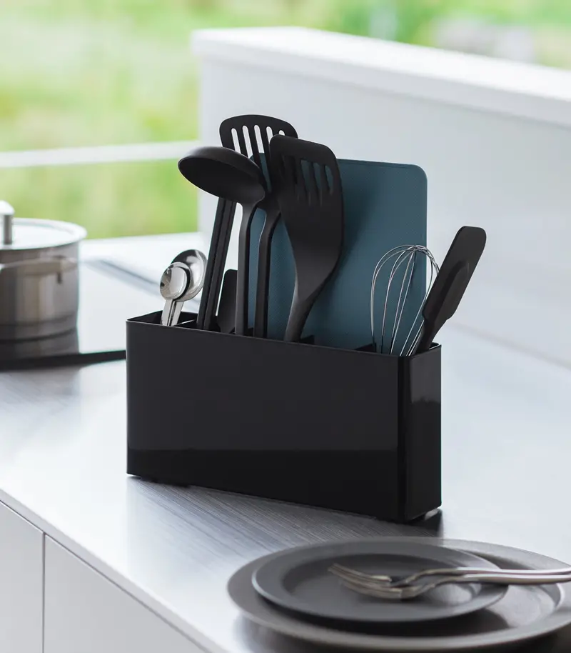 Utensil And Slim Cutting Board Holder – Wall-Mount Or Countertop Steel Stand 1