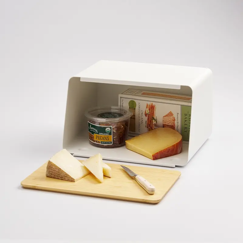 Wood-Lid Bread Box With Integrated Cutting Board – Steel Frame And Natural Wood Top 1
