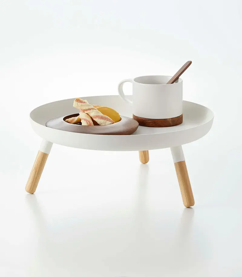 Wooden-Base Countertop Pedestal Tray – 5-Inch Height, Steel And Wood Design 1