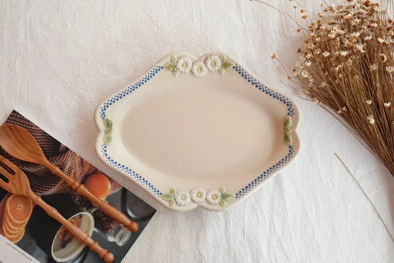 Yanagida Blue Floral Ceramic Oval Plate – Textured Surface 1