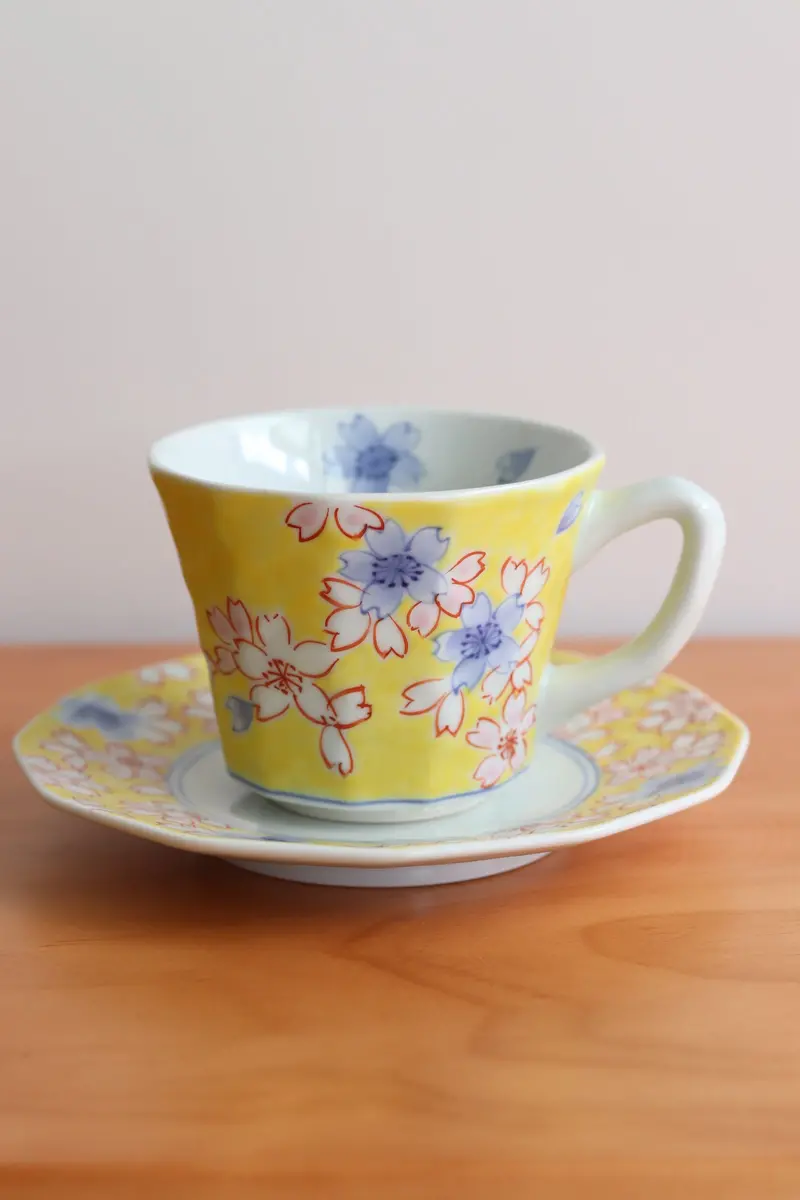 Yellow Sakura Themed Coffee Cup And Saucer Gift Set 1