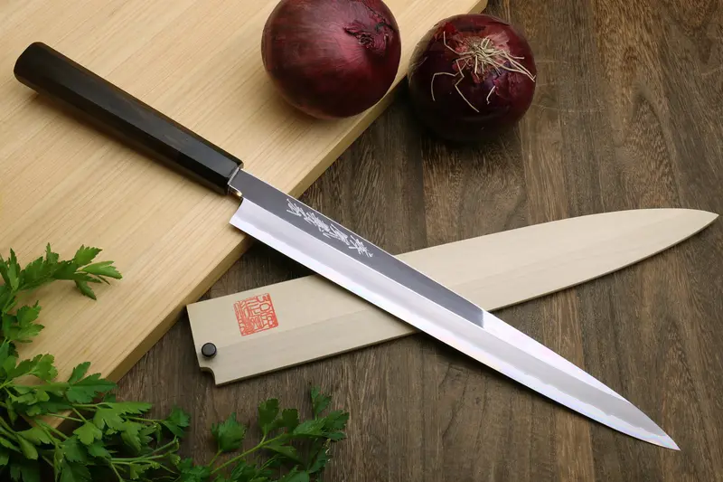 Yoshihiro Hongasumi Ginsan Yanagi Sashimi Knife — Mirror-Polished, Stain-Resistant, Ebony Handle 1