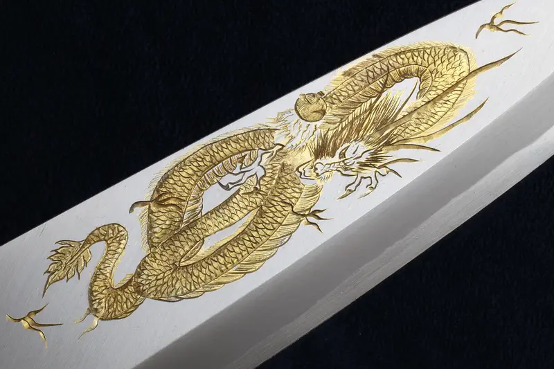 Yoshihiro Hongasumi White Steel Deba Knife – 'Rising Dragon' Gold-Etched Limited Edition, 300Mm, Magnolia Handle 1