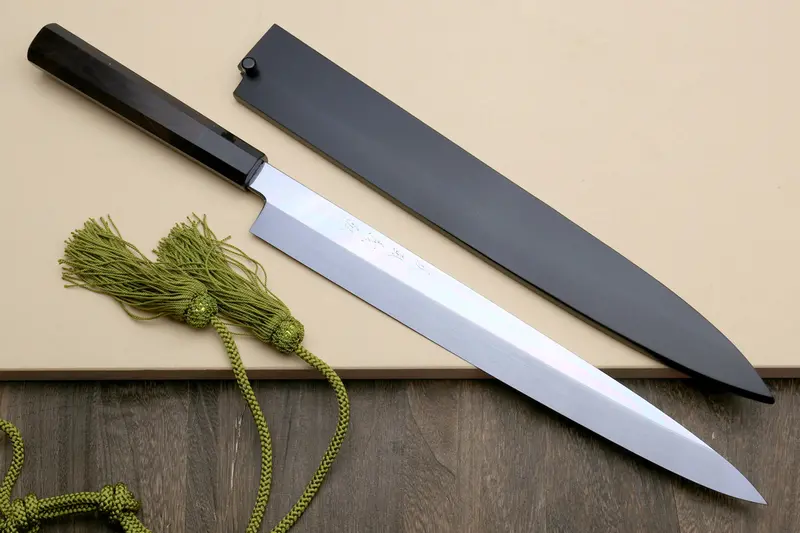 Yoshihiro Honyaki Yanagi Sashimi Knife – White Steel, Mirror-Finished, Traditional Ebony Handle 1