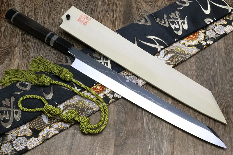 Yoshihiro Ikeda Mizu Honyaki Yanagi Kiritsuke – Mt. Fuji & Crescent Moon Engraving, White Steel, Ebony Handle & Triple Silver Rings 1