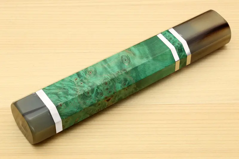 Yoshihiro Kiritsuke Chef Knife With Stabilized Maple Burl Handle & Water Buffalo Horn Detailing 1