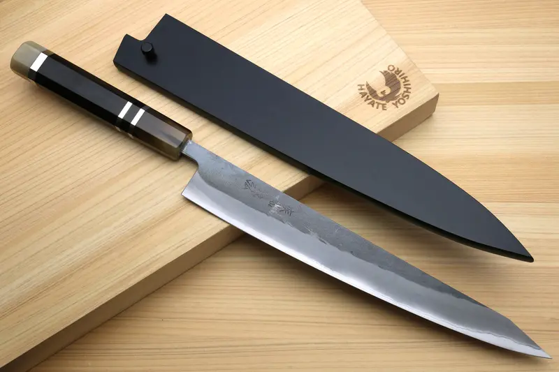Yoshihiro Kurouchi Blue Steel Kiritsuke Slicer – 9.5", Triple-Ring Handle 1